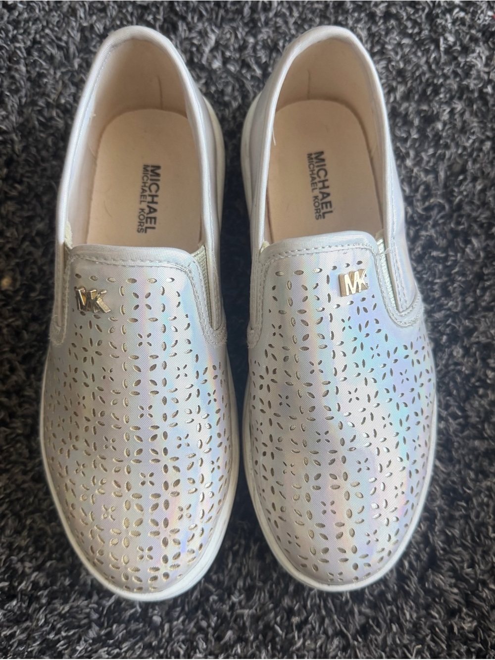 Michael Kors Kids Iridescent White Slip-On Sneakers with Gold MK Accent
